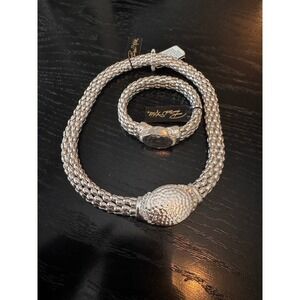 Silver Tone Necklace Bracelet Set Hammered Magnetic Closure